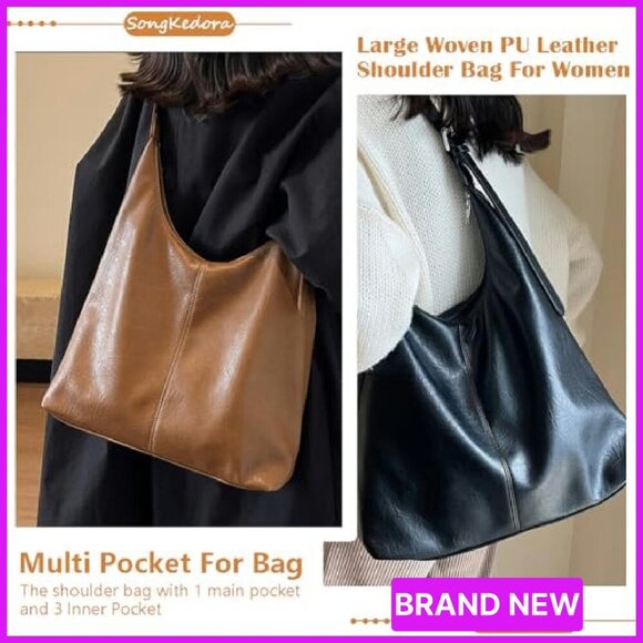 Large Vegan Leather Hobo Bag Slouchy Tote Minimal Chic Travel Shoulder - Picture 4 of 7